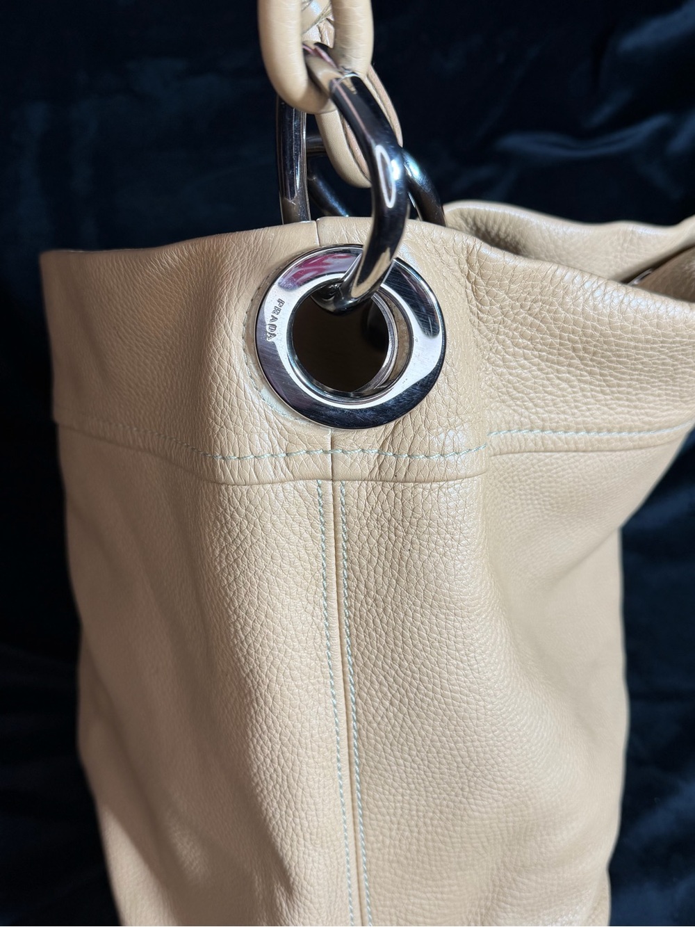 Prada Beige/Tan Pebbled Leather Hobo with Silver Rings - Picture 9 of 13